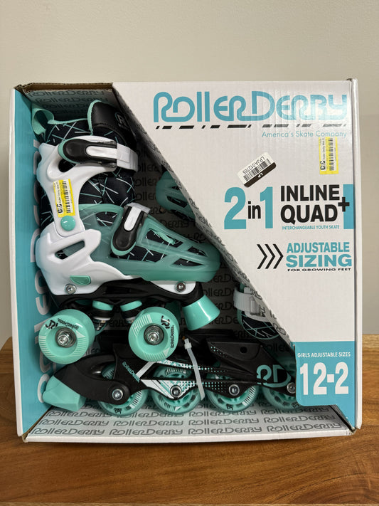 Roller Derby Mint Prodigy Kids' Adjustable Inline-Quad Combo Skates - White/Mint Green S (12-2): Indoor/Outdoor Use, Adjustable Size