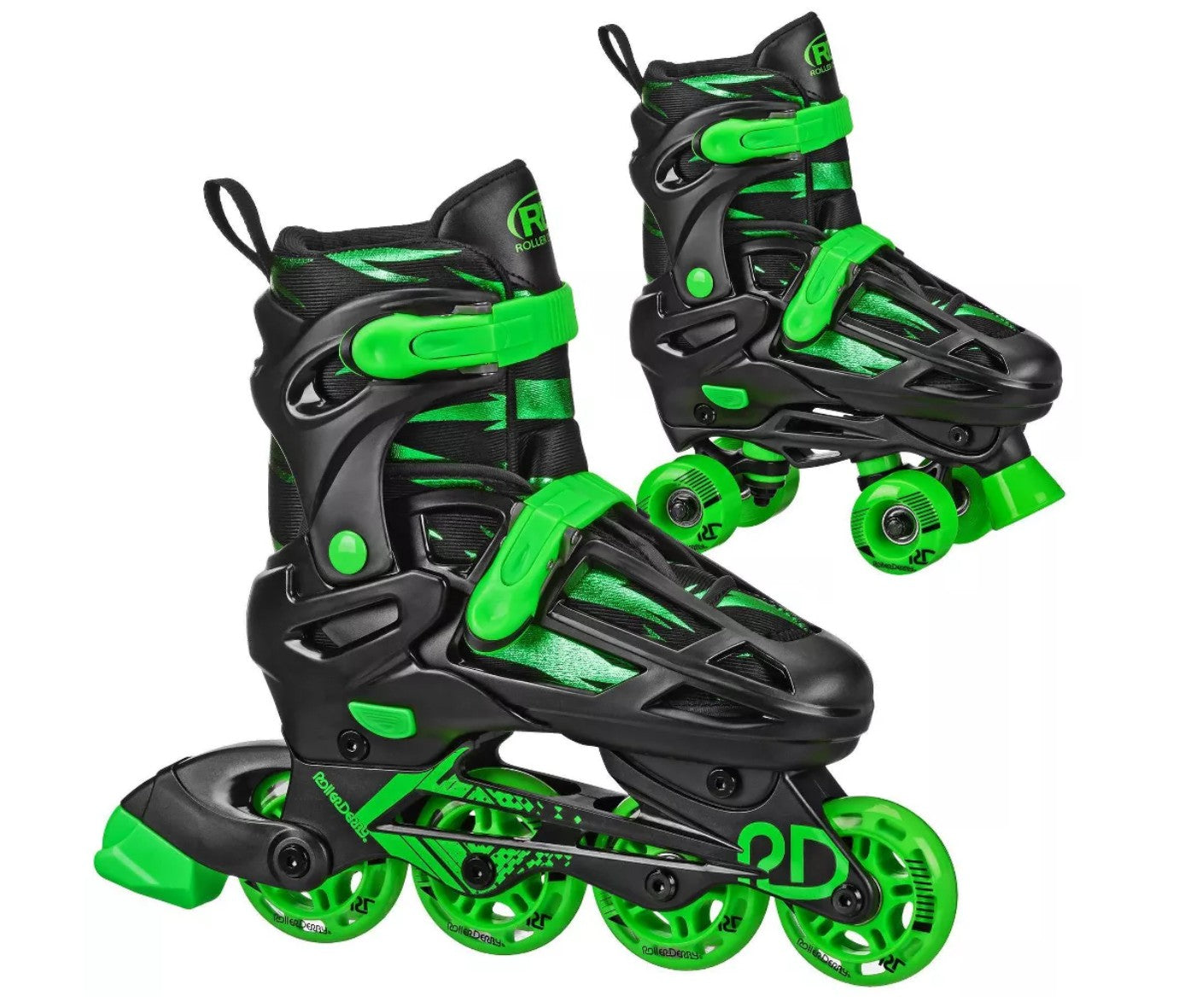 Roller Derby Green Wire Kids' Adjustable Inline-Quad Combo Skates - Black/Green S (12-2): Indoor/Outdoor Use, Adjustable Size, Padded Collar