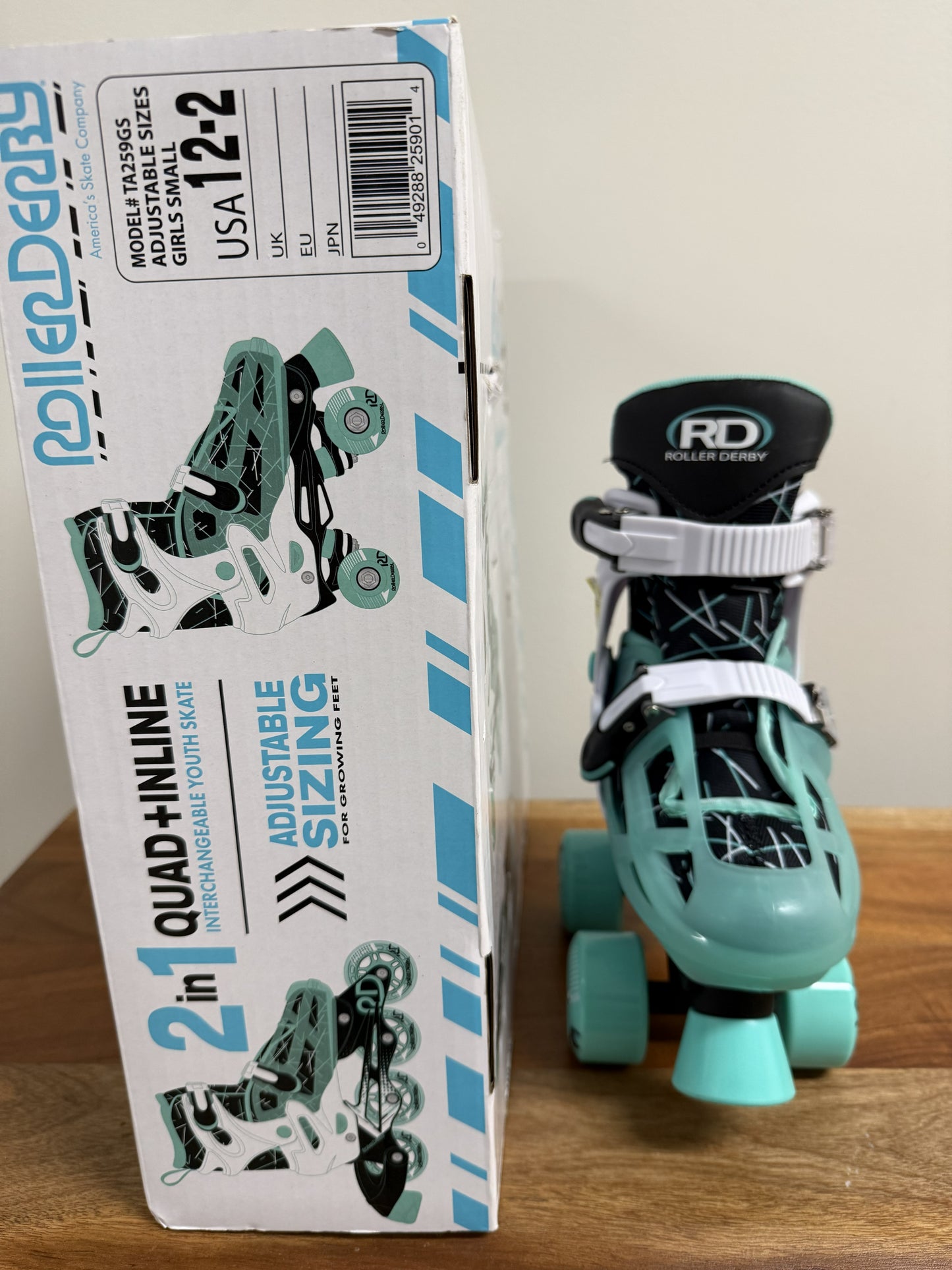 Roller Derby Mint Prodigy Kids' Adjustable Inline-Quad Combo Skates - White/Mint Green S (12-2): Indoor/Outdoor Use, Adjustable Size