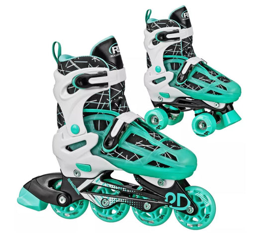 Roller Derby Mint Prodigy Kids' Adjustable Inline-Quad Combo Skates - White/Mint Green S (12-2): Indoor/Outdoor Use, Adjustable Size