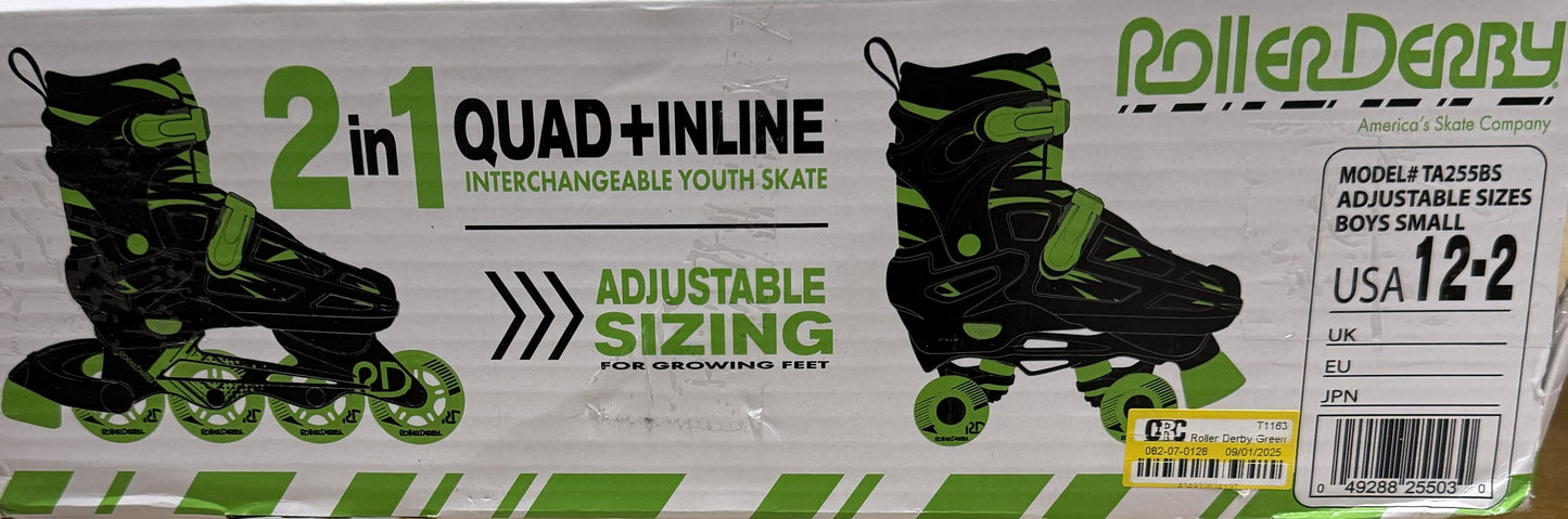 Roller Derby Green Wire Kids' Adjustable Inline-Quad Combo Skates - Black/Green S (12-2): Indoor/Outdoor Use, Adjustable Size, Padded Collar